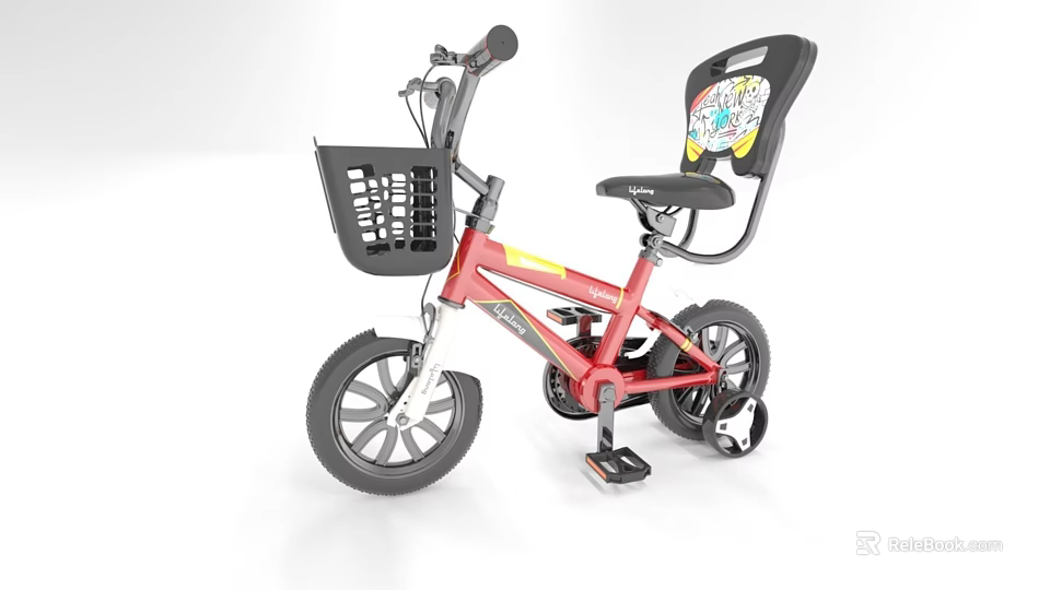 Red Kids Bicycle With Front Basket Printed Seat And Training Wheels 3d model 