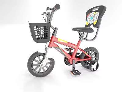 Red Kids Bicycle With Front Basket Printed Seat And Training Wheels 3d model