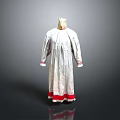 Elegant Long Silver Robe With Red Trim On Cuffs And Hem Displayed On Mannequin