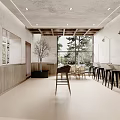 Minimalist Modern Café Interior With Wooden Lattice Ceiling Light Textured Walls Pendant Lights Bar Stools