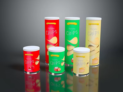Colorful Potato Chips Cans In Red Green Yellow For Tasty Snack 3d model