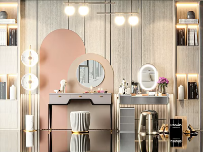 Elegant Modern Dressing Table With Round Mirror Lighting Cosmetics Stool And Purple Flower 3d model