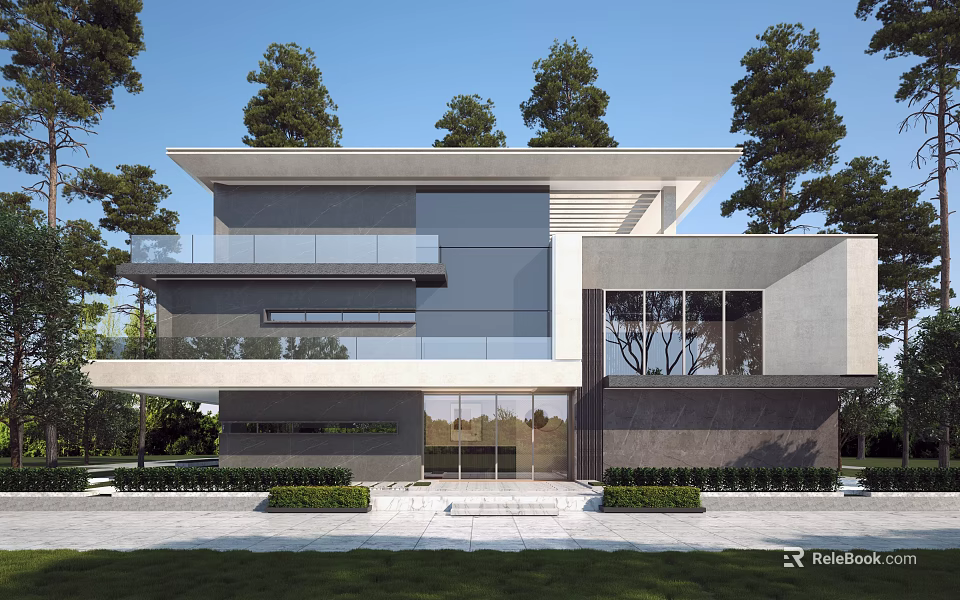 Modern Detached Villa Exterior With Stone Facade Large Glass Windows And Trees 3d model 