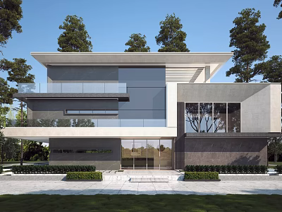 Modern Detached Villa Exterior With Stone Facade Large Glass Windows And Trees 3d model