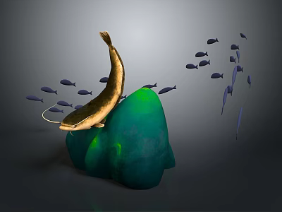 Golden Fish With Long Whiskers Swimming Around Green Rock And Small Fish 3d model