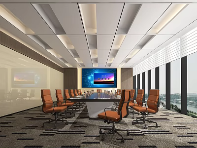 Modern Conference Room Interior Design With Long Table Orange Chairs And Large Screen Windows 3d model