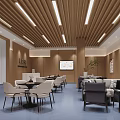 Modern Lounge Area Interior With Wooden Ceiling Walls Tables Chairs Sofas And Green Plants