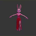 Rabbit Woman In Red Long Dress With Rabbit Ears And Red High Heels Standing