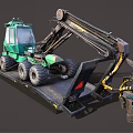 Green Forestry Machine With Long Arm Large Tires On Black Platform 3d model