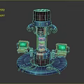 Blue Mechanical Device With Red Accents And Two Green Screen Units On Circular Base