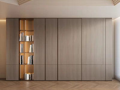 Modern Wooden Background Wall In Living Room With Illuminated Open Shelves And Books 3d model