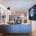 Modern Public Office Space Interior With Large Screen Sofa Green Plant And Hanging Lights