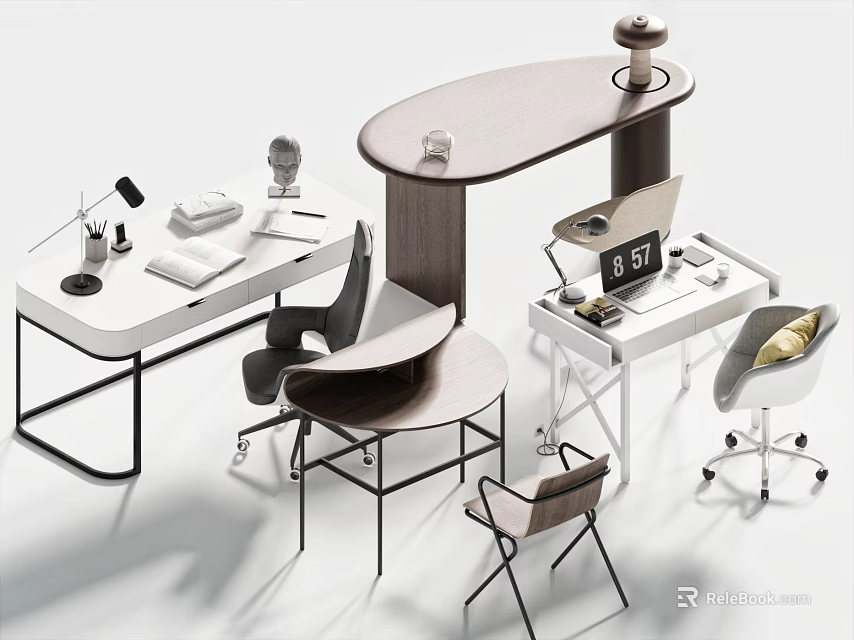 Minimalist Modern Desk With Wooden Top Metal Frame Ergonomic Chair Table Lamp Coffee Cup And Notebook 3d model 
