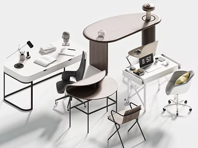 Minimalist Modern Desk With Wooden Top Metal Frame Ergonomic Chair Table Lamp Coffee Cup And Notebook 3d model