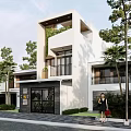 Modern Detached Villa Exterior Design With Trees Green Plants And Garage Driveway