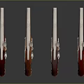 Four Old Fashioned Pistols With Red Wooden Grips And Metal Components On Black Reflective Surface