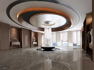 Modern Elevator Lobby With Circular Ceiling Chandelier Marble Floor And Large Windows 3d model