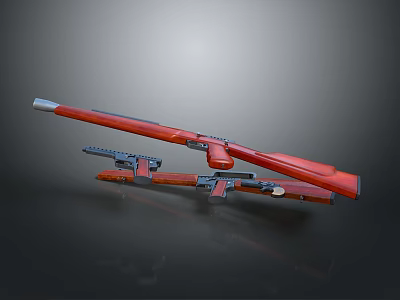 Red 3D Rendered Weapons Featuring Long Rifle And Dual Pistols On Gray Background 3d model