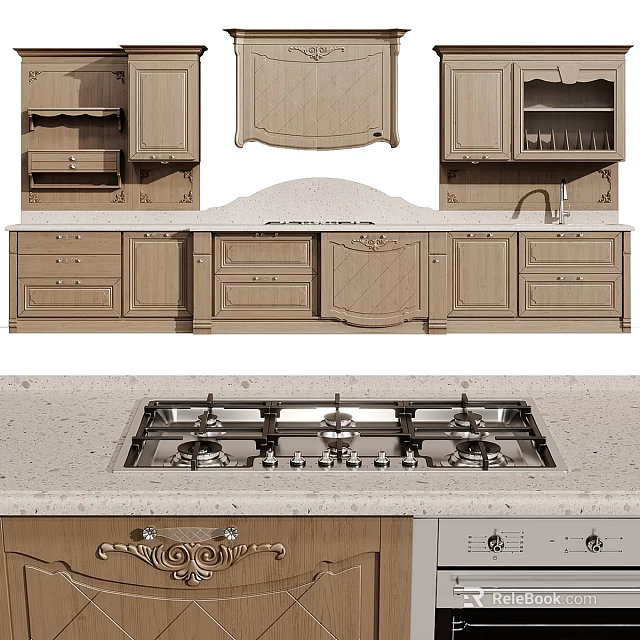 Elegant Traditional Kitchen Cabinets With Carved Details Marble Countertop And Stove 3d model 