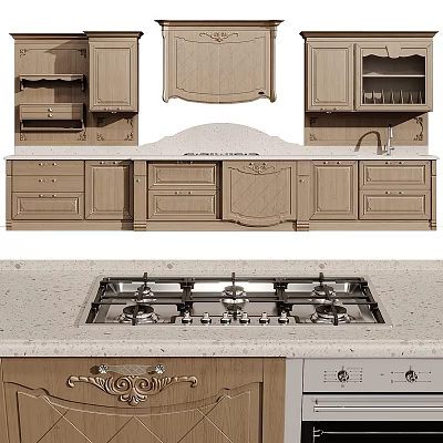 Elegant Traditional Kitchen Cabinets With Carved Details Marble Countertop And Stove 3d model