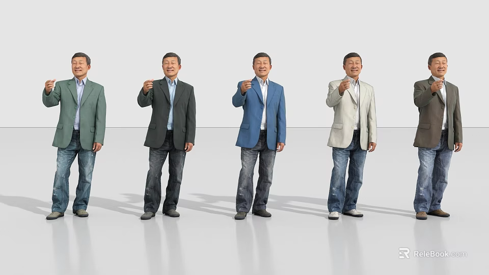 Men in Different Colored Suit Jackets and Jeans Showing Pointing Gestures Together 3d model 
