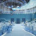 Elegant Modern Banquet Hall Interior With Crystal Chandeliers And White Dining Tables