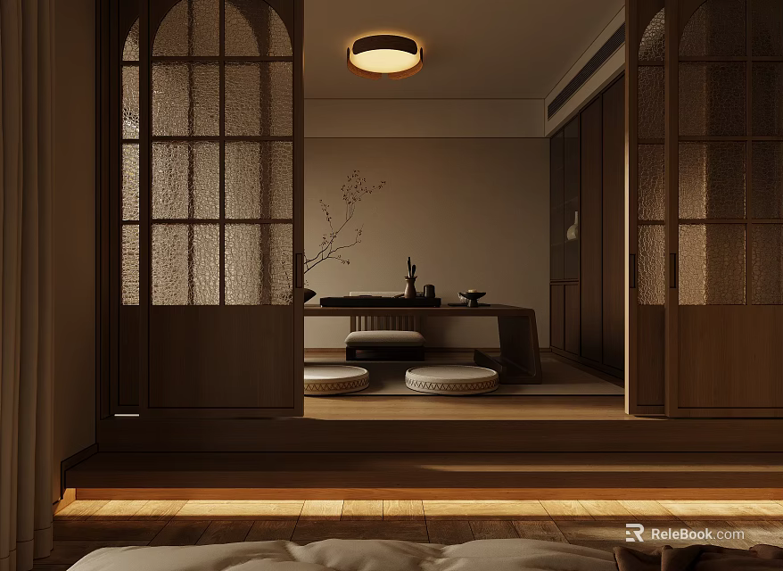 Modern Tea Room Interior With Wooden Screens Tatami Mats And Ceiling Lamp 3d model 