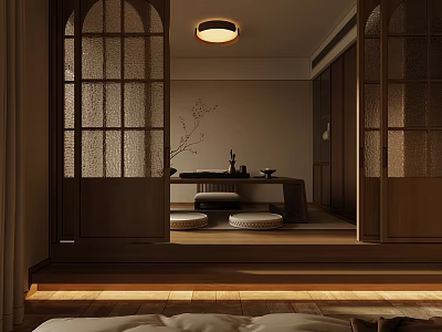 Modern Tea Room Interior With Wooden Screens Tatami Mats And Ceiling Lamp 3d model