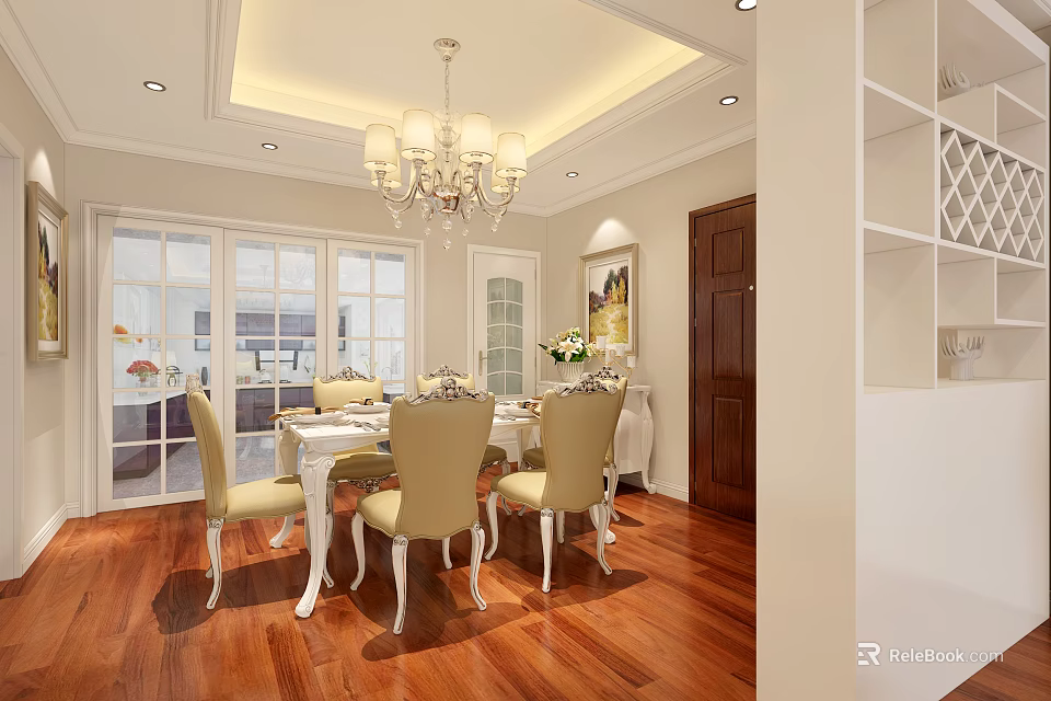 Elegant Dining Room Interior With White Table Yellow Chairs Wooden Floor And Chandelier 3d model 