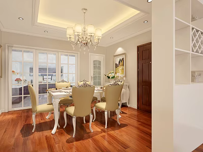 Elegant Dining Room Interior With White Table Yellow Chairs Wooden Floor And Chandelier 3d model