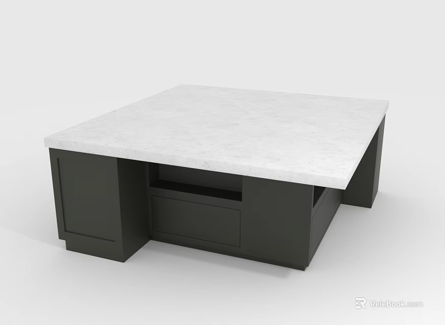 Modern Dining Table with White Marble Surface and Dark Wood Base Featuring Drawer Storage 3d model 