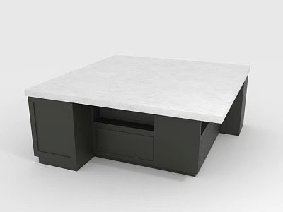 Modern Dining Table with White Marble Surface and Dark Wood Base Featuring Drawer Storage 3d model