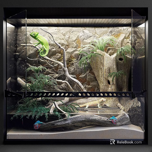 Natural Stone Wall Decor for Reptile Enclosure with Green Chameleon Branches and Plants 3d model 