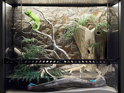 Natural Stone Wall Decor for Reptile Enclosure with Green Chameleon Branches and Plants 3d model