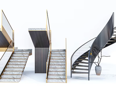 Modern Spiral Staircase With Glass Railing And Decorative Plant 3d model