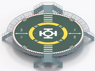 Industrial Equipment Circular Helicopter Landing Pad With Green Surface Yellow Markings And Safety Railings 3d model