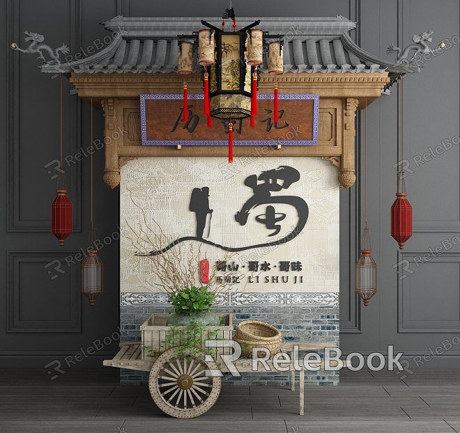 Chinese Eaves Restaurant Home View Door Head Wooden Cart Combination model