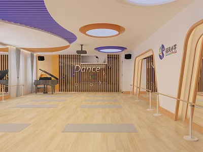 Dance Studio with Piano Wooden Floor Barres and Dance Sign Logo for Fitness 3d model