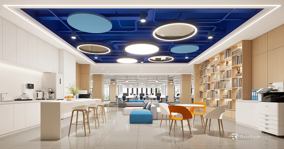 Modern Break Room Interior Design With Blue Ceiling Round Lights White Cabinets And Bookshelves 3d model 