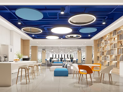 Modern Break Room Interior Design With Blue Ceiling Round Lights White Cabinets And Bookshelves 3d model