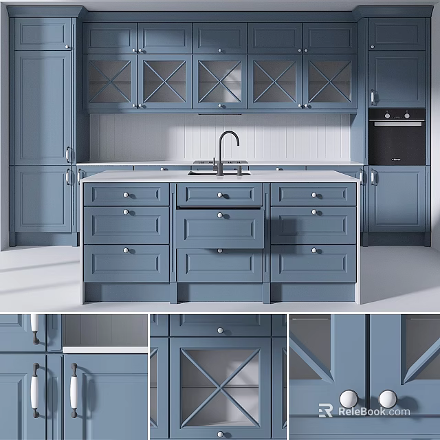 Modern Blue Kitchen Cabinets With X Pattern Doors White Countertop And Drawers 3d model