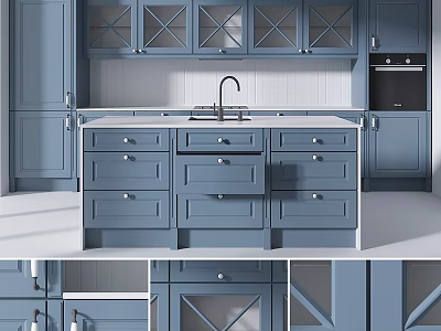 Modern Blue Kitchen Cabinets With X Pattern Doors White Countertop And Drawers 3d model