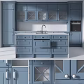 Modern Blue Kitchen Cabinets With X Pattern Doors White Countertop And Drawers 3d model