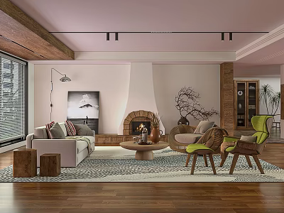 Cozy Modern Living Room With Brick Fireplace And Natural Wood Furniture Interior Design Ideas 3d model