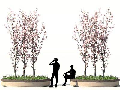 Outdoor Area With Pink Flowering Trees Two People Standing And Sitting On Grass Circular Platform 3d model