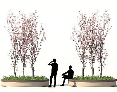 Outdoor Area With Pink Flowering Trees Two People Standing And Sitting On Grass Circular Platform 3d model