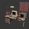 Vintage Computer Desktop Setup With Monitor Keyboard Mouse Printer Radio And Retro Tech