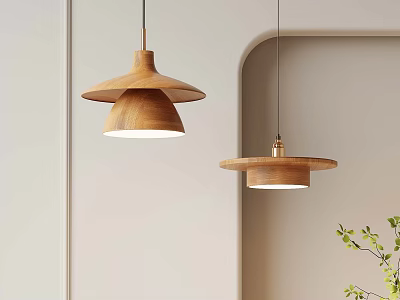 Modern Wooden Pendant Lights Hanging On Light Wall With Arch And Green Plant 3d model