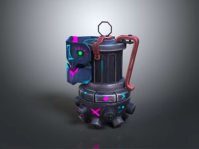 Futuristic Mechanical Weapon with Neon Blue Pink Lights Black Body Red Handle and Base Structure 3d model