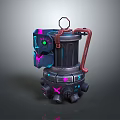 Futuristic Mechanical Weapon with Neon Blue Pink Lights Black Body Red Handle and Base Structure